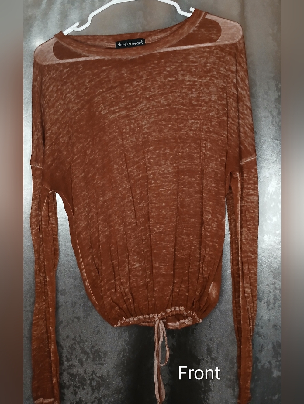 Derek Heart Brown Super Thin And Sheer Drawstring Hem Long Sleeve Top